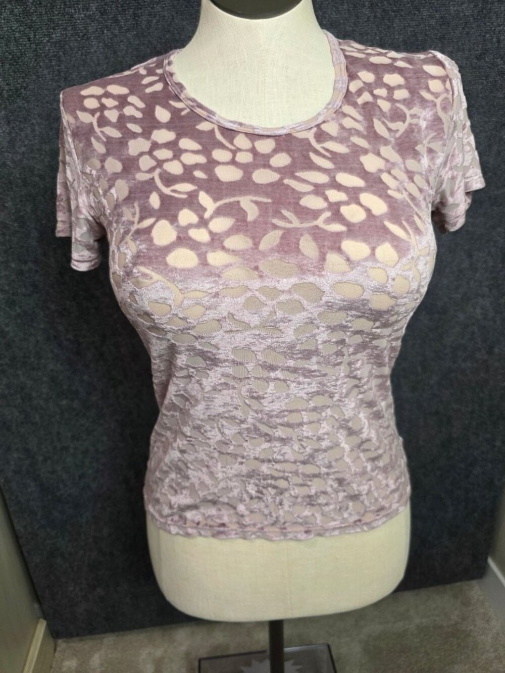 Caroll Paris Purple Velvet Burnout Floral Sheer Short-Sleeve Top T38